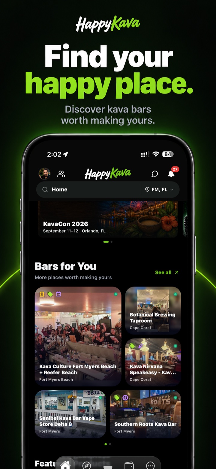 HappyKava discovery screen with nearby kava bars and venue photos