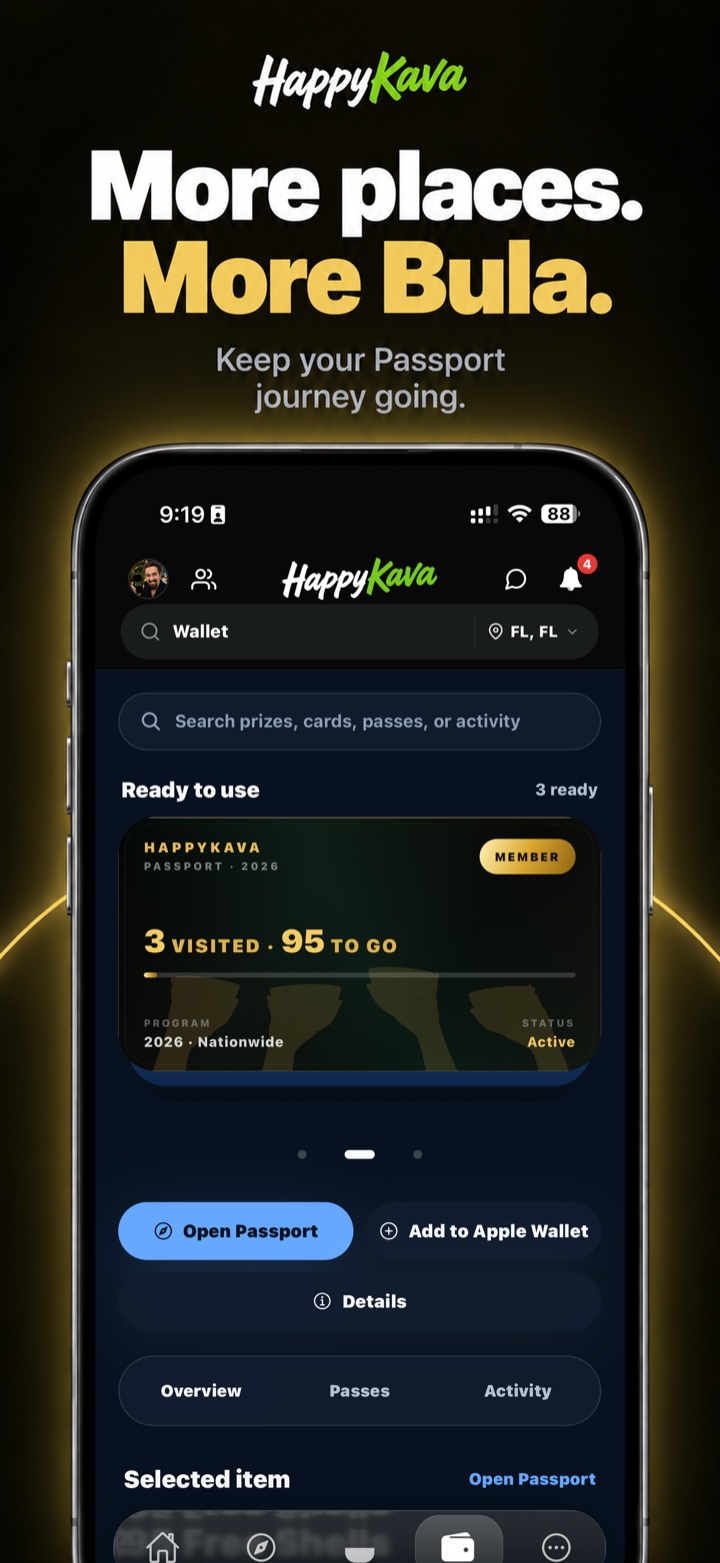 HappyKava Passport screen showing visits and participating-bar perks