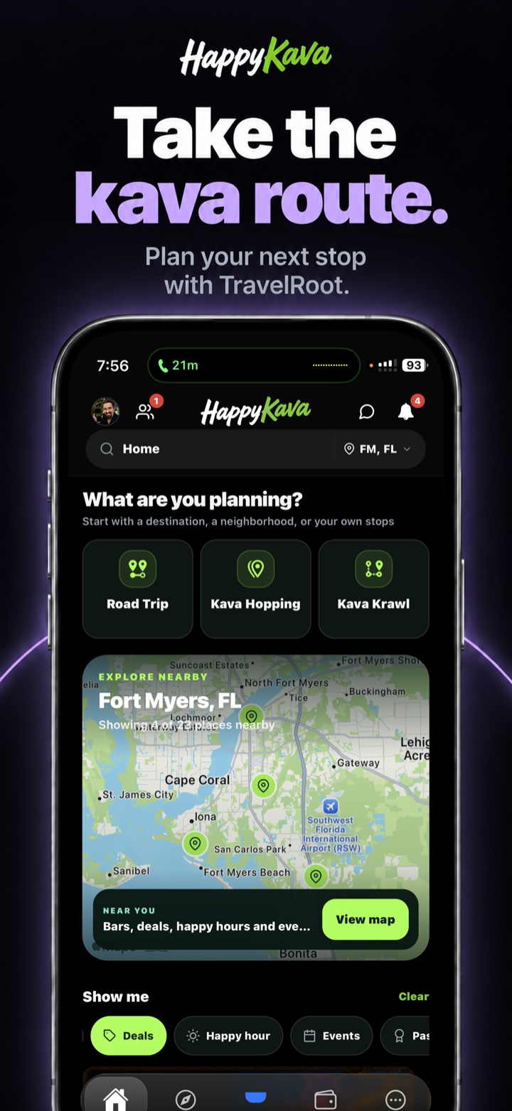 HappyKava TravelRoot screen for planning kava bar trips and crawls